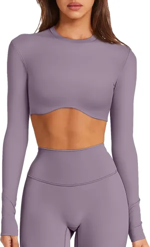 Double Lined Long Sleeve Crop Tops for Women Sexy High Neck Workout Tops Athletic Gym Shirts Running Cropped Tops
