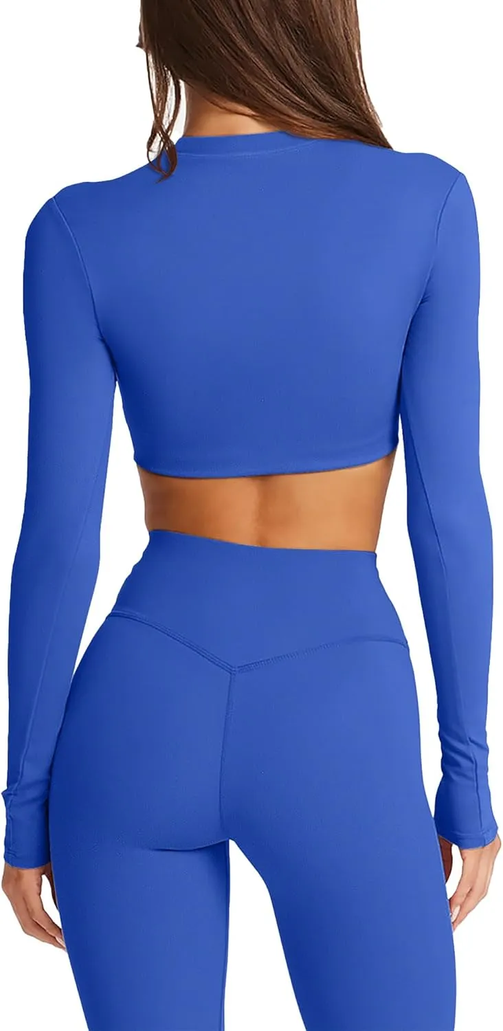 Double Lined Long Sleeve Crop Tops for Women Sexy High Neck Workout Tops Athletic Gym Shirts Running Cropped Tops