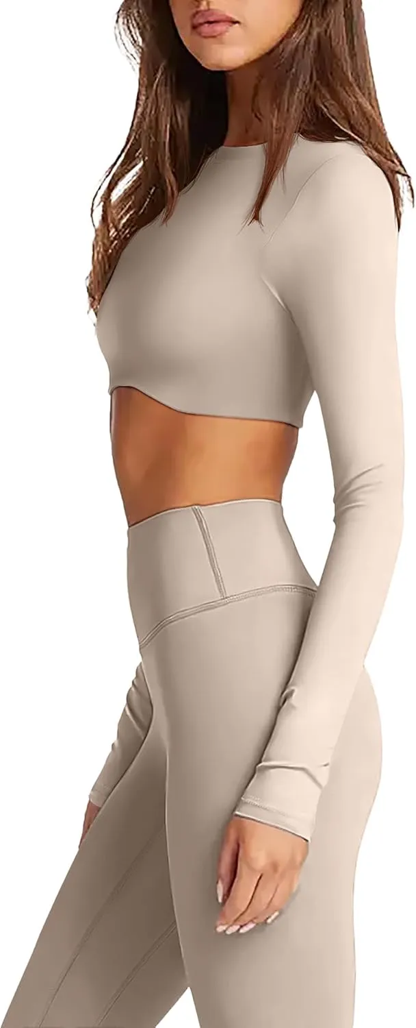 Double Lined Long Sleeve Crop Tops for Women Sexy High Neck Workout Tops Athletic Gym Shirts Running Cropped Tops