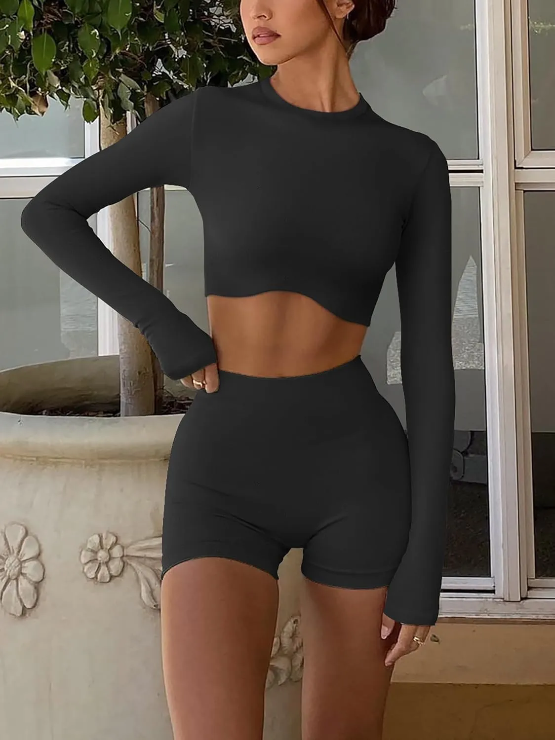 Double Lined Long Sleeve Crop Tops for Women Sexy High Neck Workout Tops Athletic Gym Shirts Running Cropped Tops