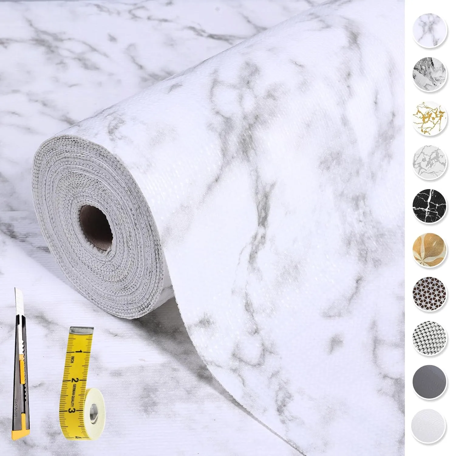 Drawer and Shelf Liner for Kitchen Cabinet: 12 in X 20 Ft Non Slip Waterproof Shelf Paper Non Adhesive Refrigerator Liners White Marble Easy Liners for Bathroom with Knife Tape Measure