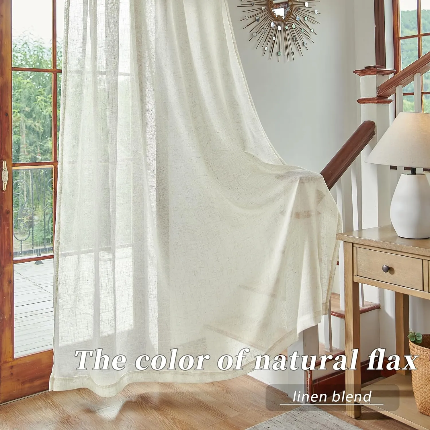 DUALIFE Cream Beige Natural Linen Semi Sheer Window Curtain 84 Inch Length Panels Drapes for Living Room Boho Neutral Rod Pocket Back Tab Long Curtains Set 2 for Farmhouse Decor Bedroom,Ivory,52 x 84