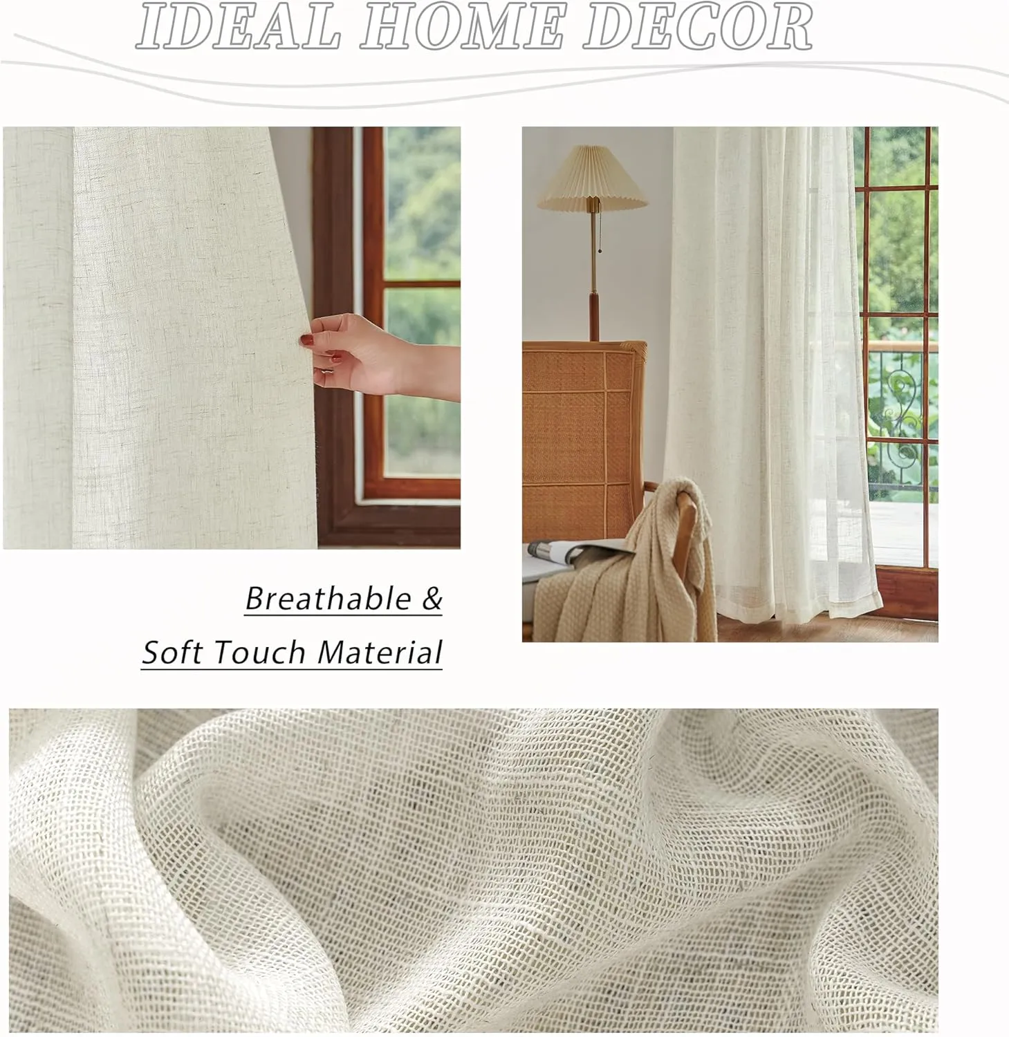 DUALIFE Cream Beige Natural Linen Semi Sheer Window Curtain 84 Inch Length Panels Drapes for Living Room Boho Neutral Rod Pocket Back Tab Long Curtains Set 2 for Farmhouse Decor Bedroom,Ivory,52 x 84