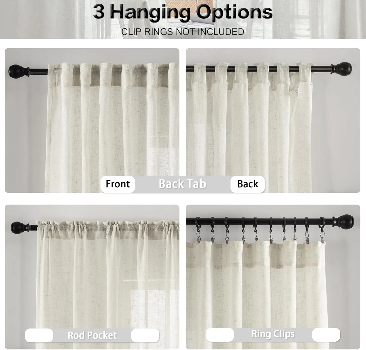 DUALIFE Cream Beige Natural Linen Semi Sheer Window Curtain 84 Inch Length Panels Drapes for Living Room Boho Neutral Rod Pocket Back Tab Long Curtains Set 2 for Farmhouse Decor Bedroom,Ivory,52 x 84