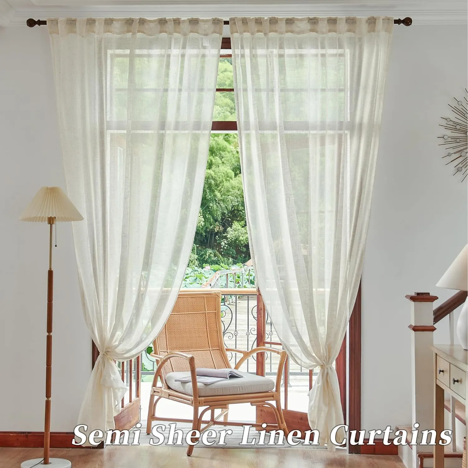 DUALIFE Cream Beige Natural Linen Semi Sheer Window Curtain 84 Inch Length Panels Drapes for Living Room Boho Neutral Rod Pocket Back Tab Long Curtains Set 2 for Farmhouse Decor Bedroom,Ivory,52 x 84