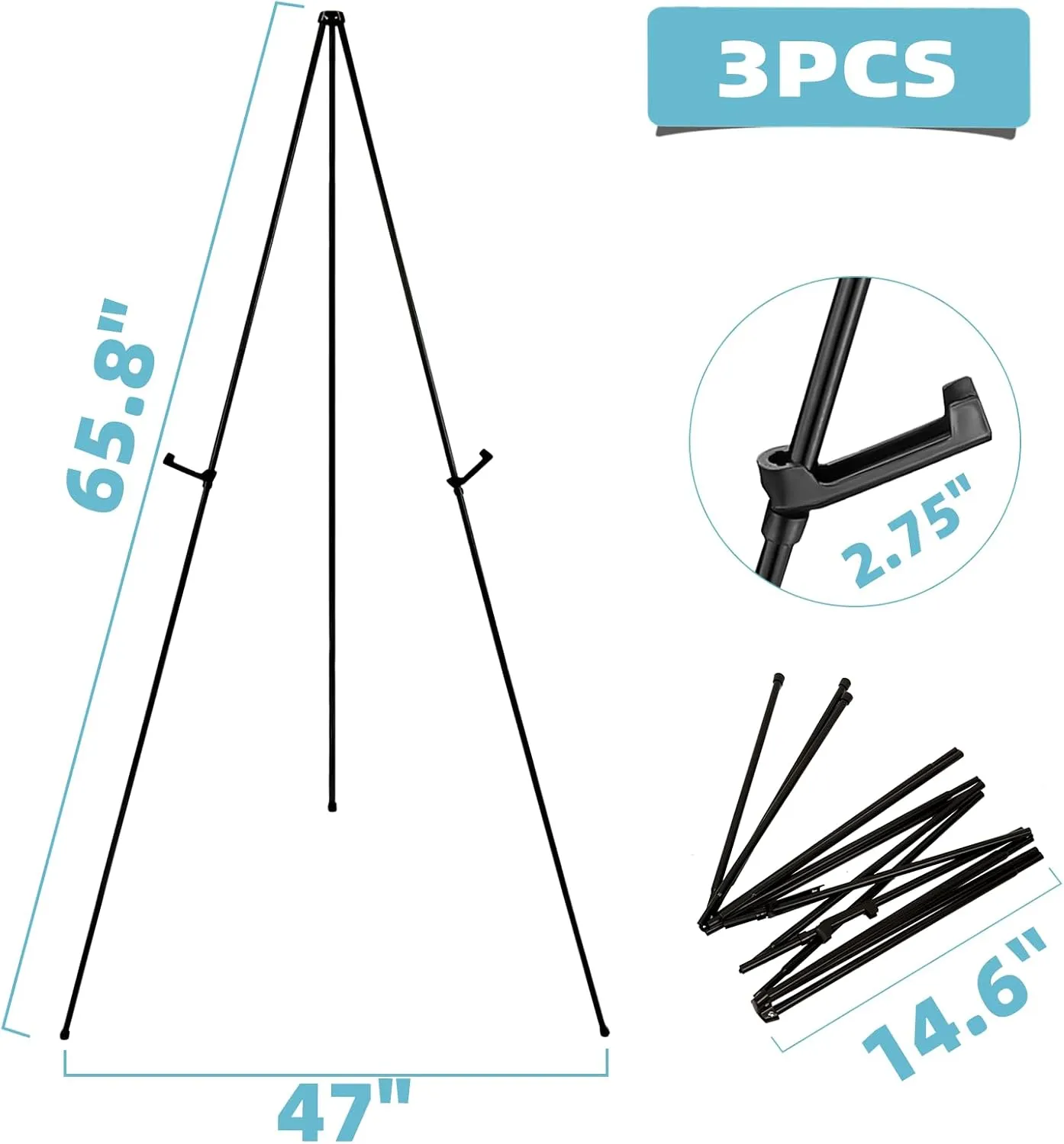 Easel Stand 65 Inches 3 Pcs, Lightweight Adjustable Art Easel for Display, Painting, Wedding Sign, Poster, Black Metal Easel with Portable Bags