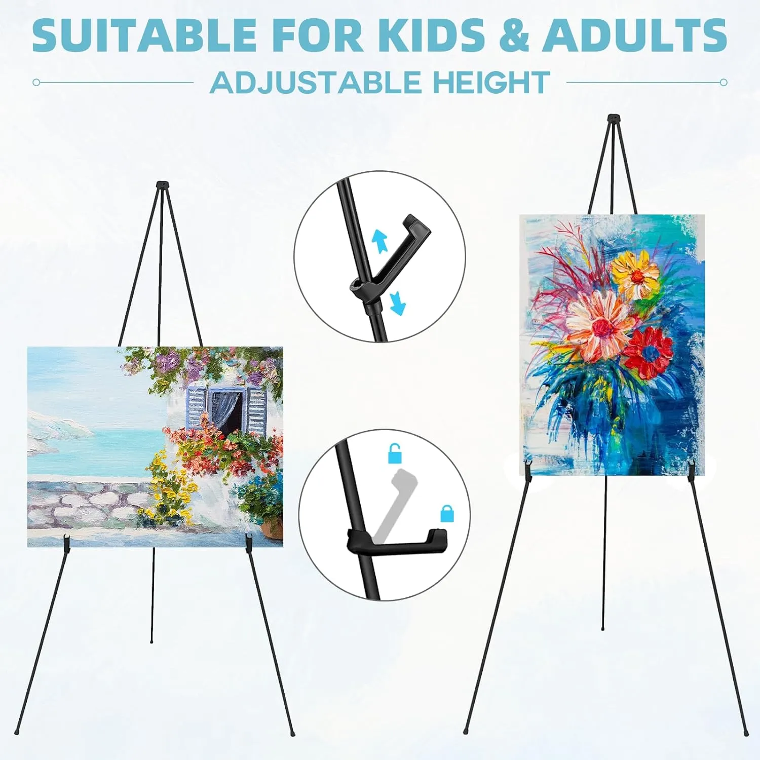 Easel Stand 65 Inches 3 Pcs, Lightweight Adjustable Art Easel for Display, Painting, Wedding Sign, Poster, Black Metal Easel with Portable Bags