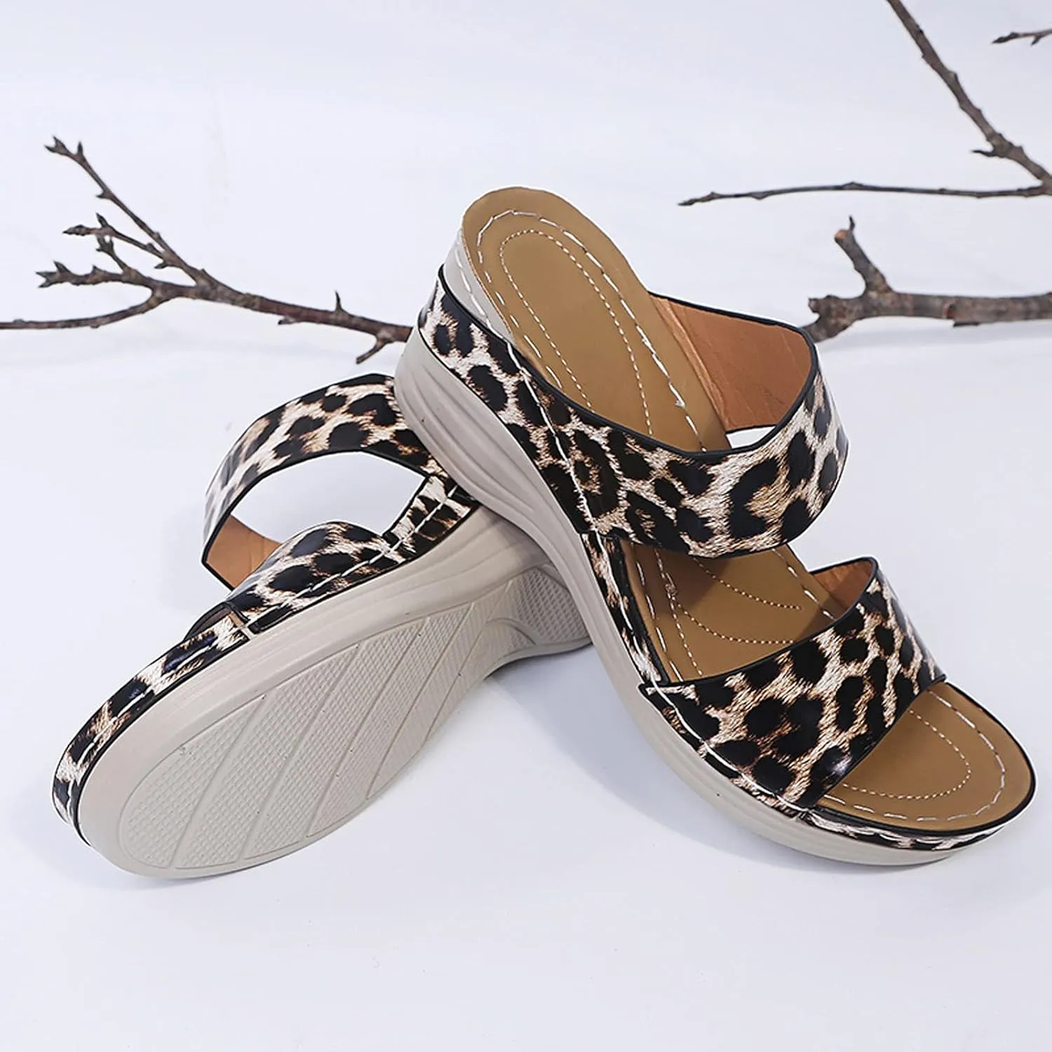 Eduavar Women's Dressy Fashion Sandals - Leopard Print Wedge Open Toe Flat