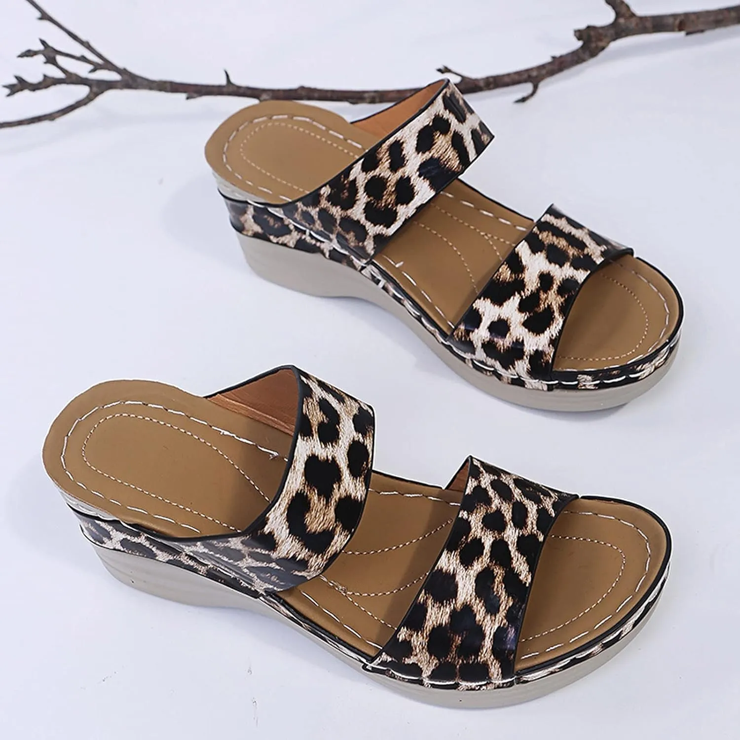 Eduavar Women's Dressy Fashion Sandals - Leopard Print Wedge Open Toe Flat