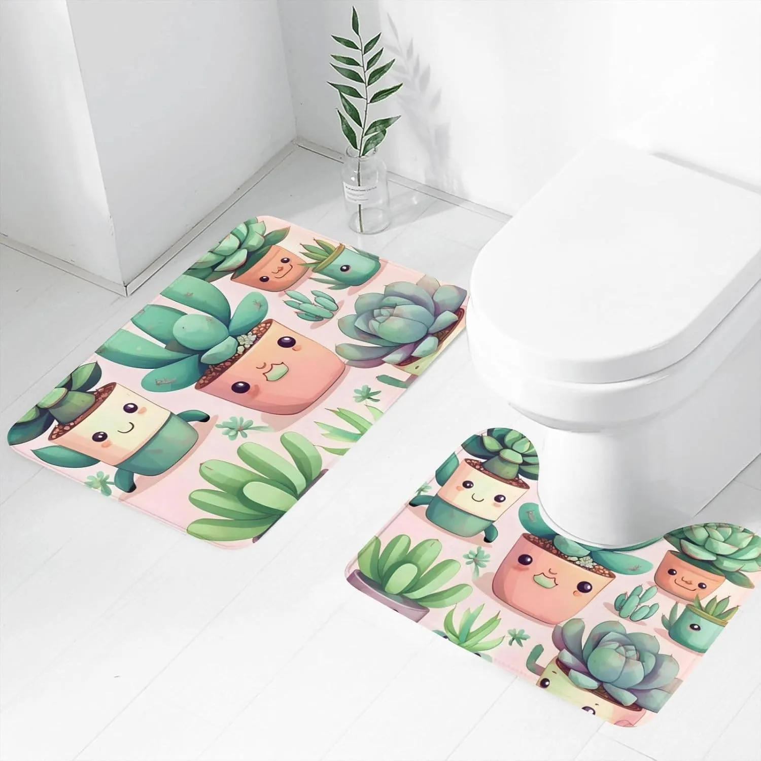 EkcoS Lovely Succulent Plants Bathroom Rugs Set 2 Piece Microfiber Bath Shower Mat and U-Shaped Toilet Rug Non Slip Absorbent Bath Rug for Tub
