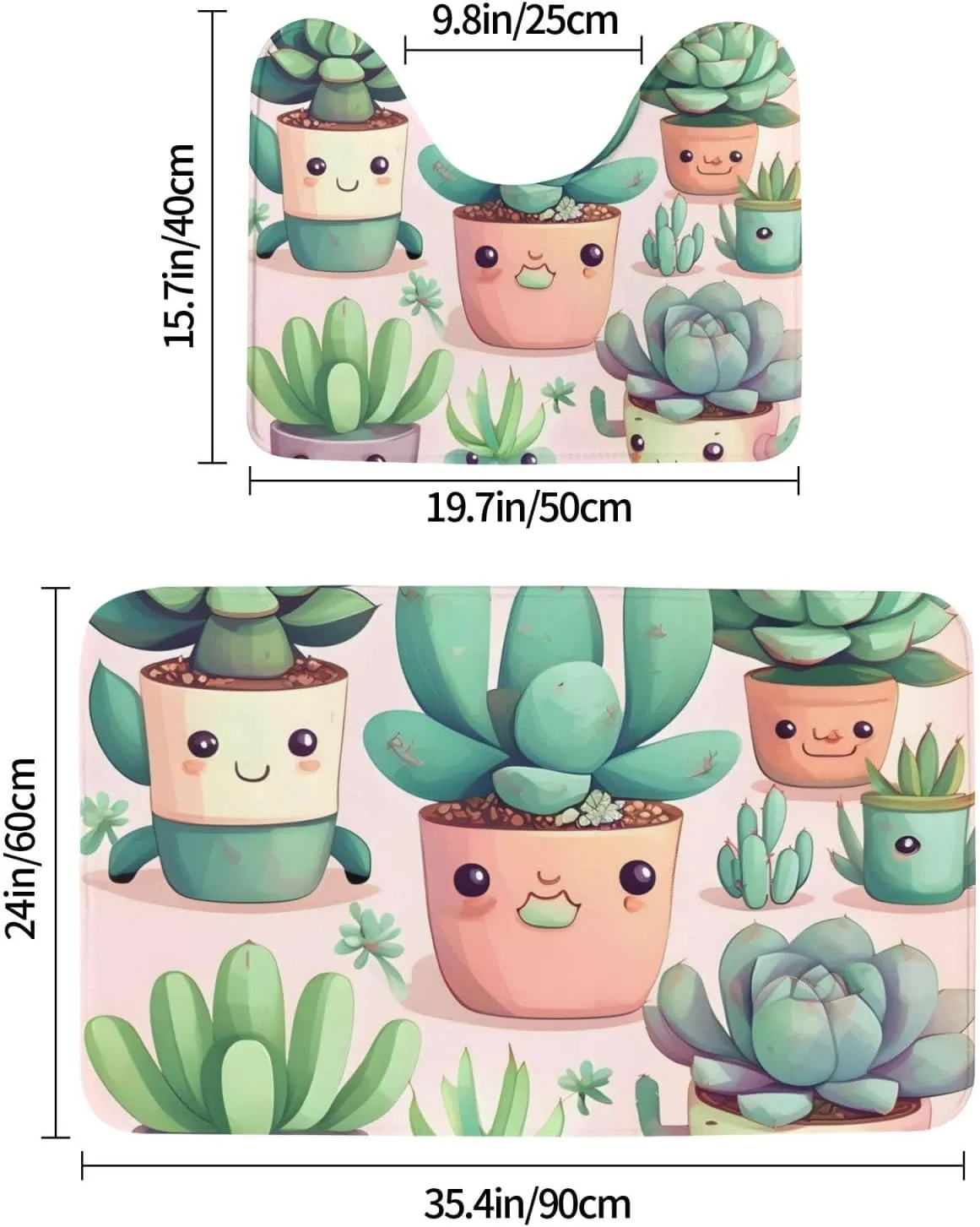 EkcoS Lovely Succulent Plants Bathroom Rugs Set 2 Piece Microfiber Bath Shower Mat and U-Shaped Toilet Rug Non Slip Absorbent Bath Rug for Tub