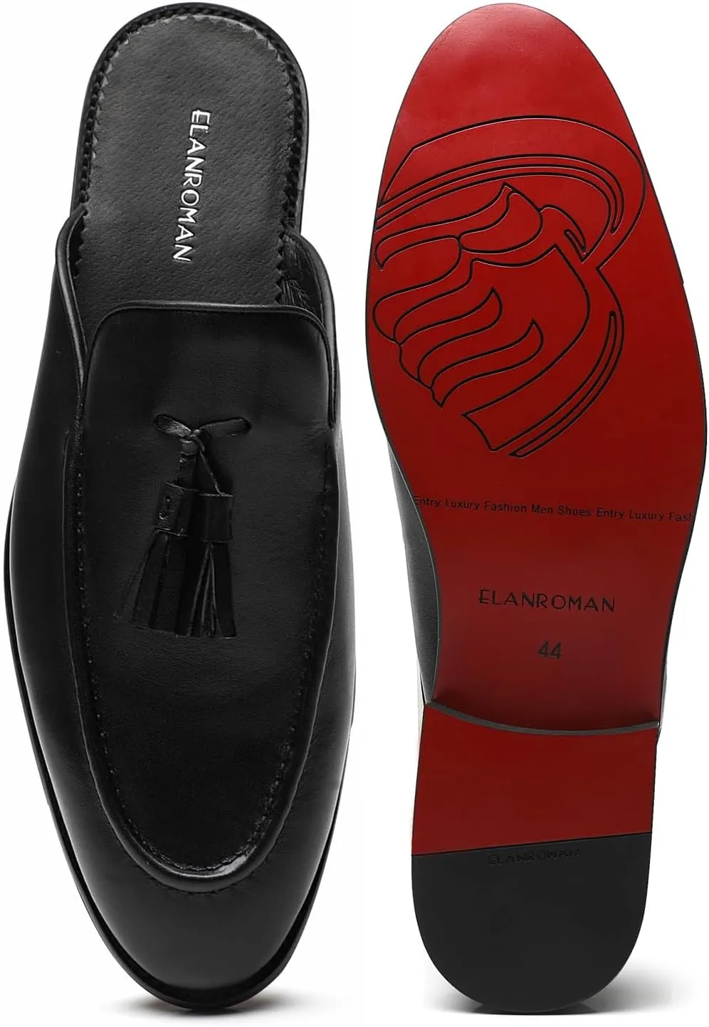 ELANROMAN Men's Backless Loafers Black Genuine Leather Mules Slippers Slip on Shoes