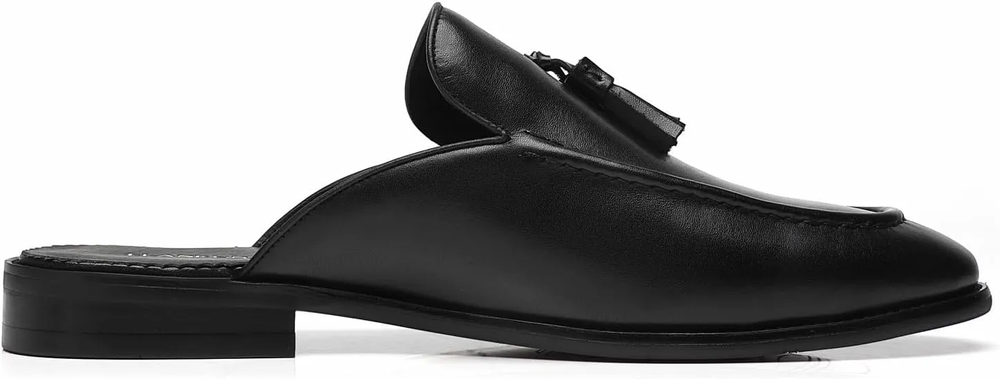 ELANROMAN Men's Backless Loafers Black Genuine Leather Mules Slippers Slip on Shoes