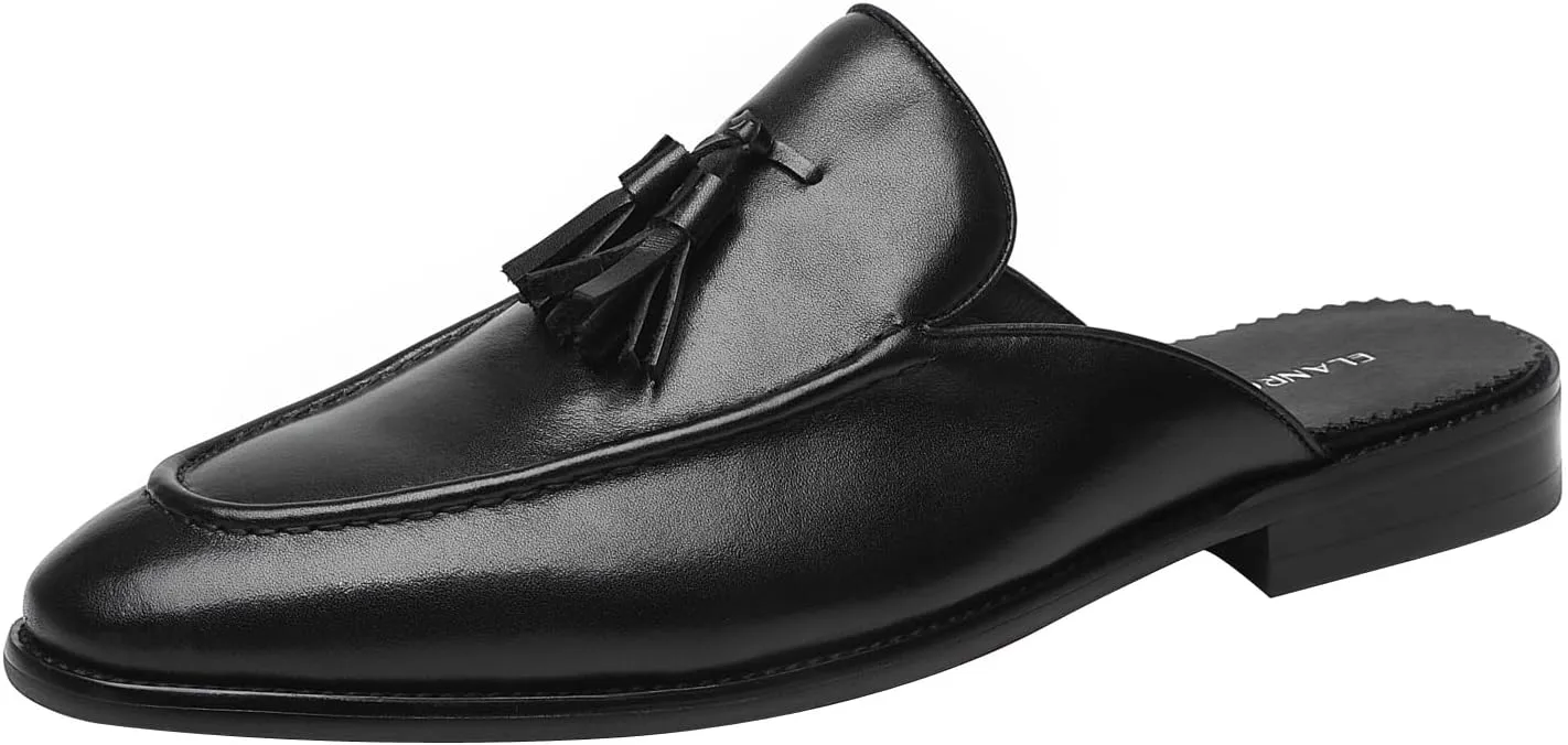 ELANROMAN Men's Backless Loafers Black Genuine Leather Mules Slippers Slip on Shoes
