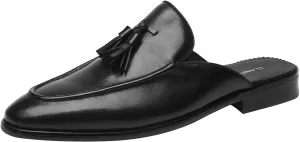 ELANROMAN Men's Backless Loafers Black Genuine Leather Mules Slippers Slip on Shoes