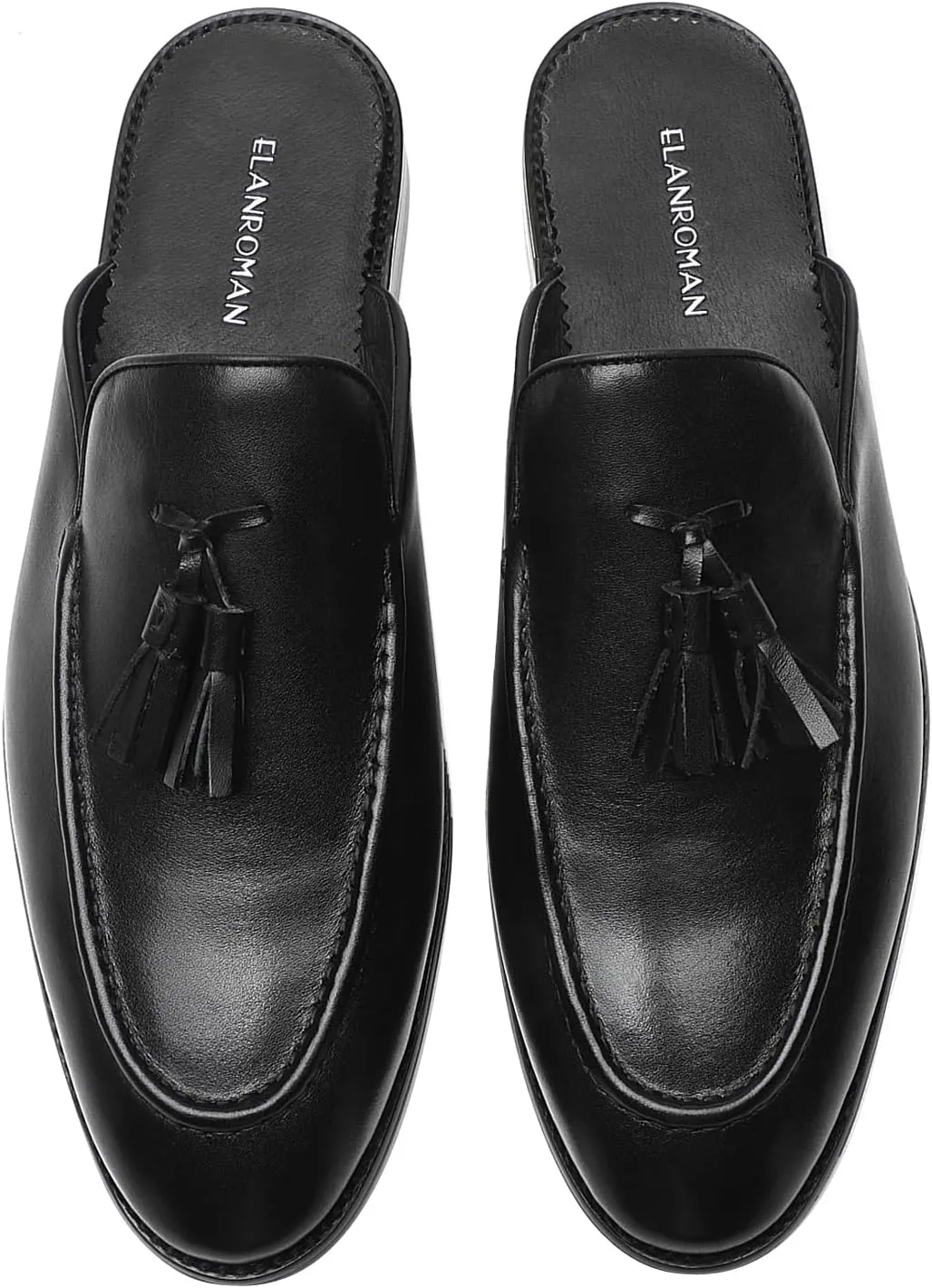 ELANROMAN Men's Backless Loafers Black Genuine Leather Mules Slippers Slip on Shoes