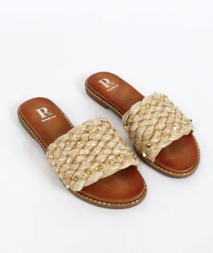 Embellished Straw Mule Sandals with Open Toe