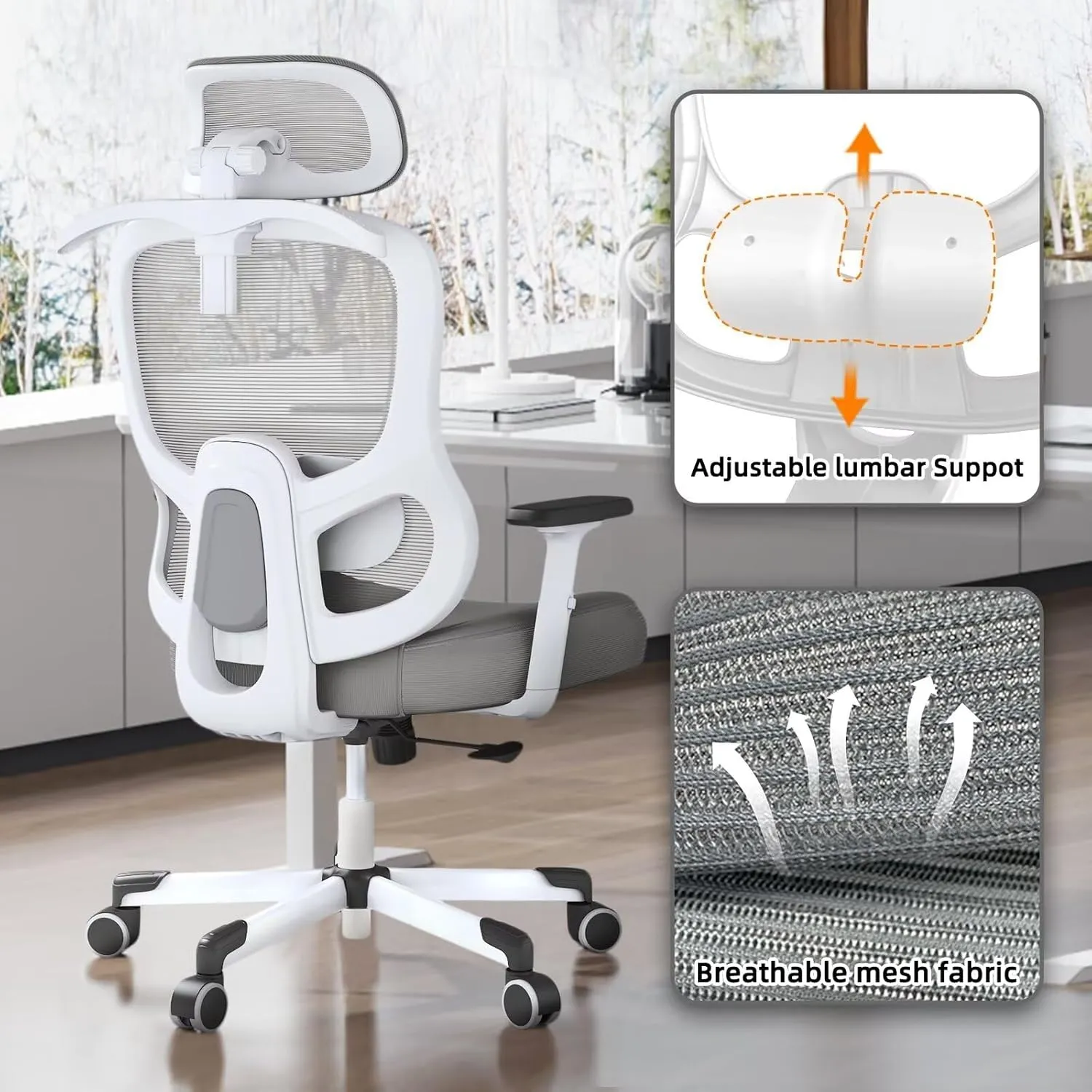 Ergonomic Office Chair Big Tall Reclining Gaming Chair Adjustable Lumbar Support 2D Armrest 6D Headrest Breathable Mesh Swivel Computer Chairs Home Task Desk Chair Coat Hanger Tilt Lock (Grey)