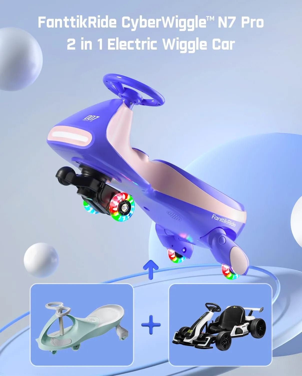 FanttikRide 12V N7 Pro Electric Wiggle Car with Pedal, Rechargeable Battery, CyberWiggle, 2 in 1 Swing Car, 2 Speed, Anti-Rollover, Flashing Wheels, Bluetooth, for Ages 3 and Up, 150 Lbs, Pink