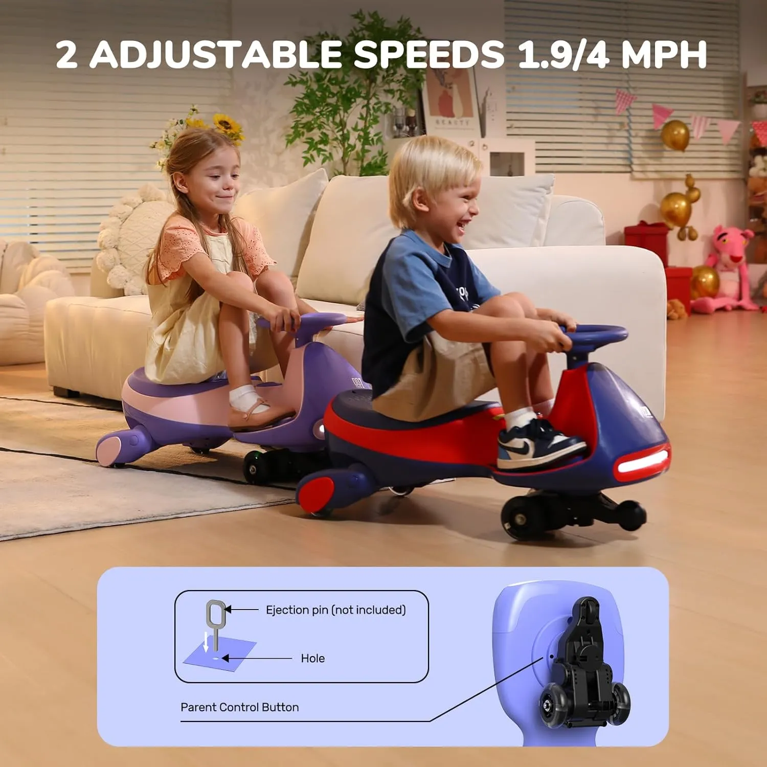 FanttikRide 12V N7 Pro Electric Wiggle Car with Pedal, Rechargeable Battery, CyberWiggle, 2 in 1 Swing Car, 2 Speed, Anti-Rollover, Flashing Wheels, Bluetooth, for Ages 3 and Up, 150 Lbs, Pink