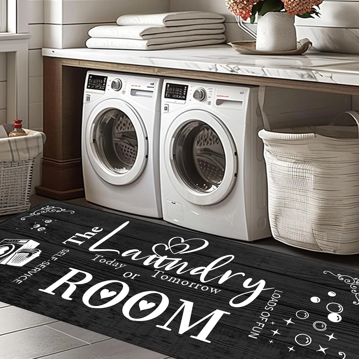 Farmhouse Laundry Room Rug Runner Organization 20"x59" Non Slip Mat Text Design Rug Machine Washable and Large Bathroom Rugs Stylish Versatile Laundry Room Rugs Decor