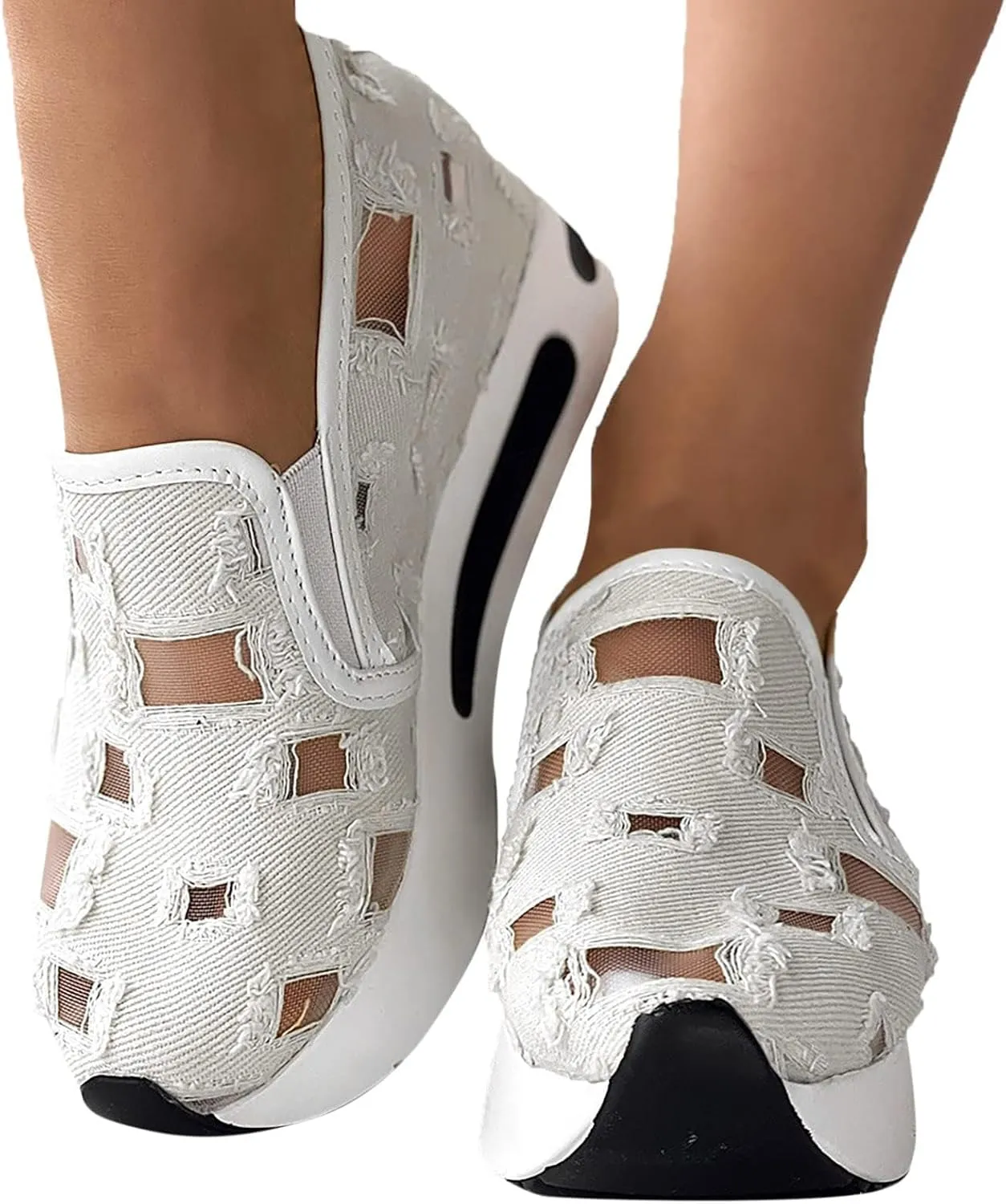 Fashion Sneakers for Women Platform Wedge Sneakers Fashion Embroidery Floral Mesh Air Comfort Chunky Sole Hidden High Heels Slip On Loafers Breathable Walking Work Shoes with Arch Support