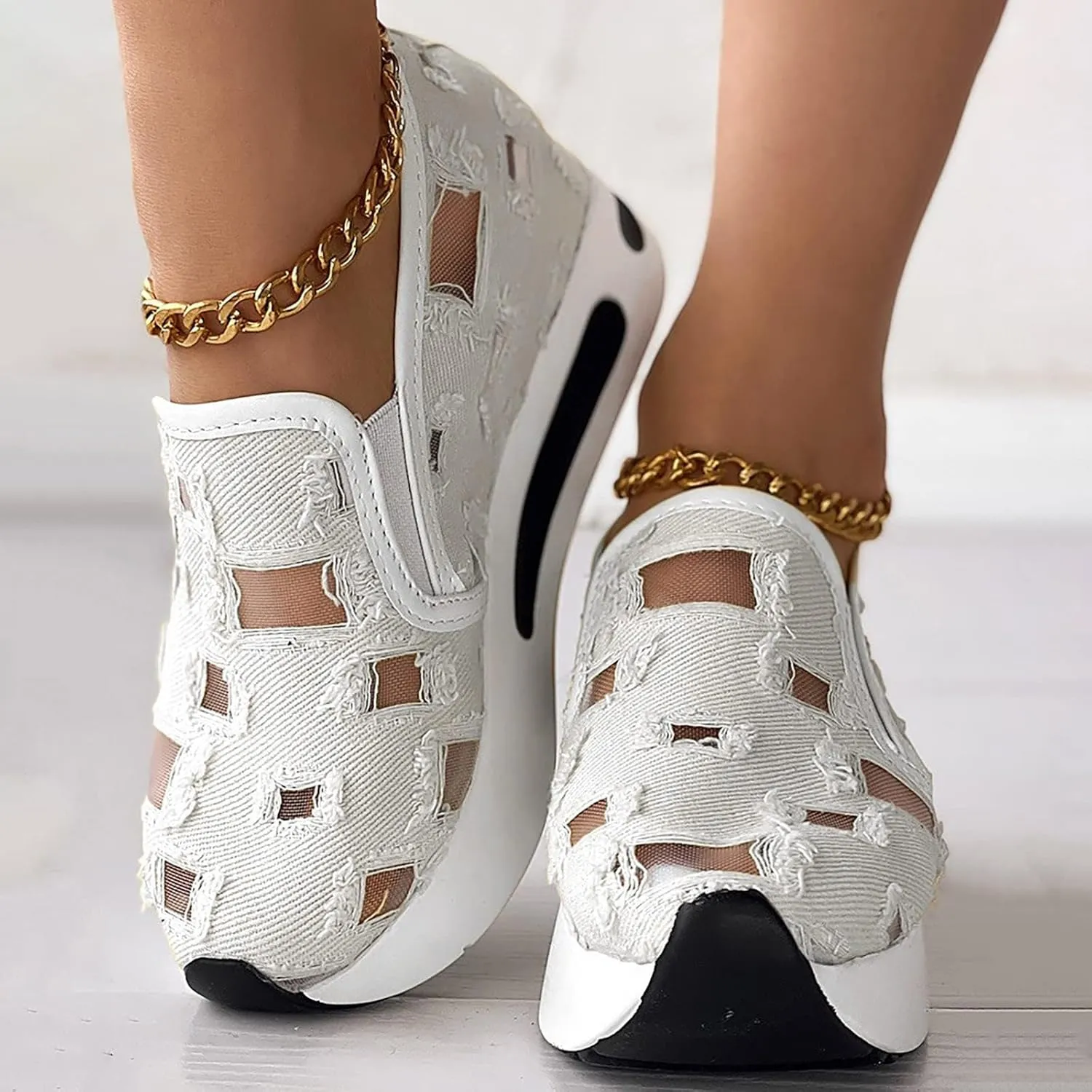 Fashion Sneakers for Women Platform Wedge Sneakers Fashion Embroidery Floral Mesh Air Comfort Chunky Sole Hidden High Heels Slip On Loafers Breathable Walking Work Shoes with Arch Support