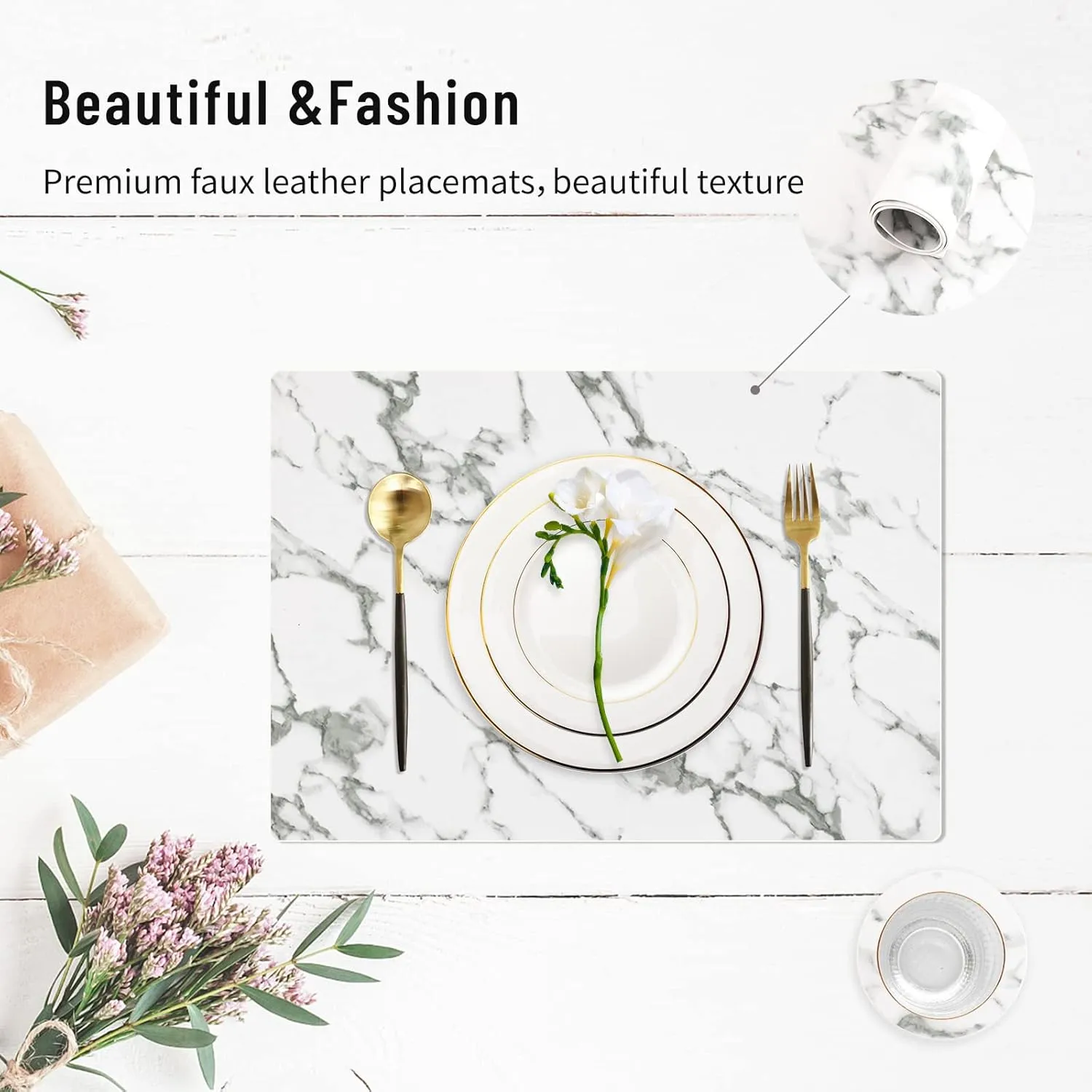 Faux Leather Placemats Set of 6,Heat Resistant Placemats for Dining Table, Easy Clean Non-Slip Place Mats, Waterproof Stain Resistant Wipeable Washable PU Table Mats, (Marble)
