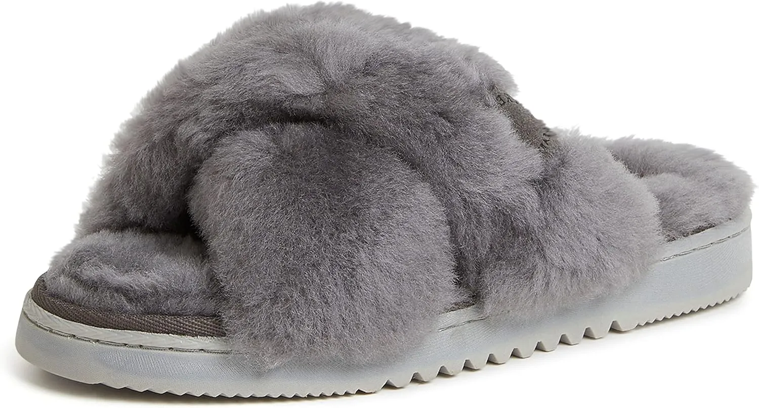 Fireside by Dearfoams Women's Newcastle Crossband All Over Shearling Easy on/Off Slide Slipper