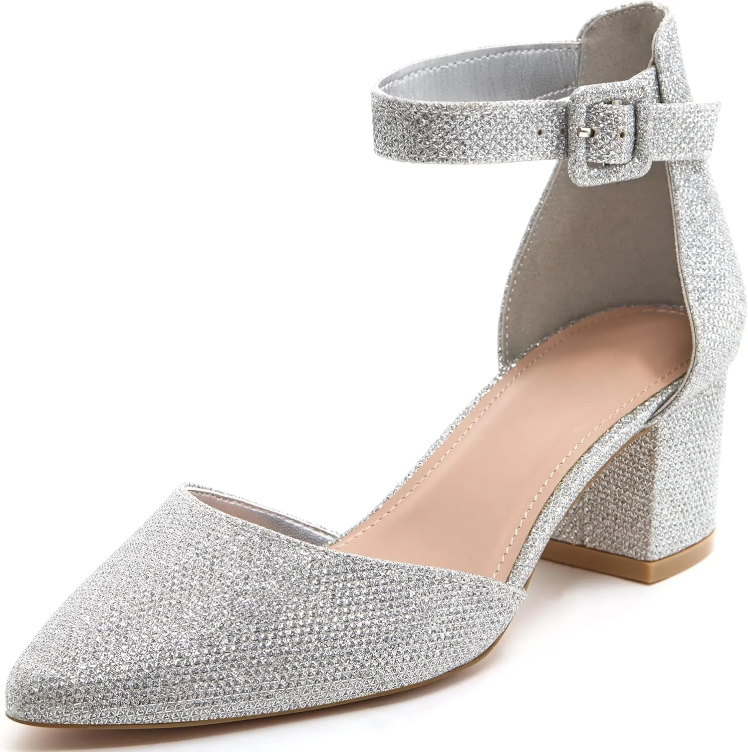 FISACE Womens Low Mid Square Heel Ankle Strap Sandal Office Ladies Pointed Toe Pumps Shoes