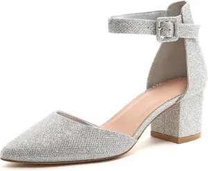 FISACE Womens Low Mid Square Heel Ankle Strap Sandal Office Ladies Pointed Toe Pumps Shoes