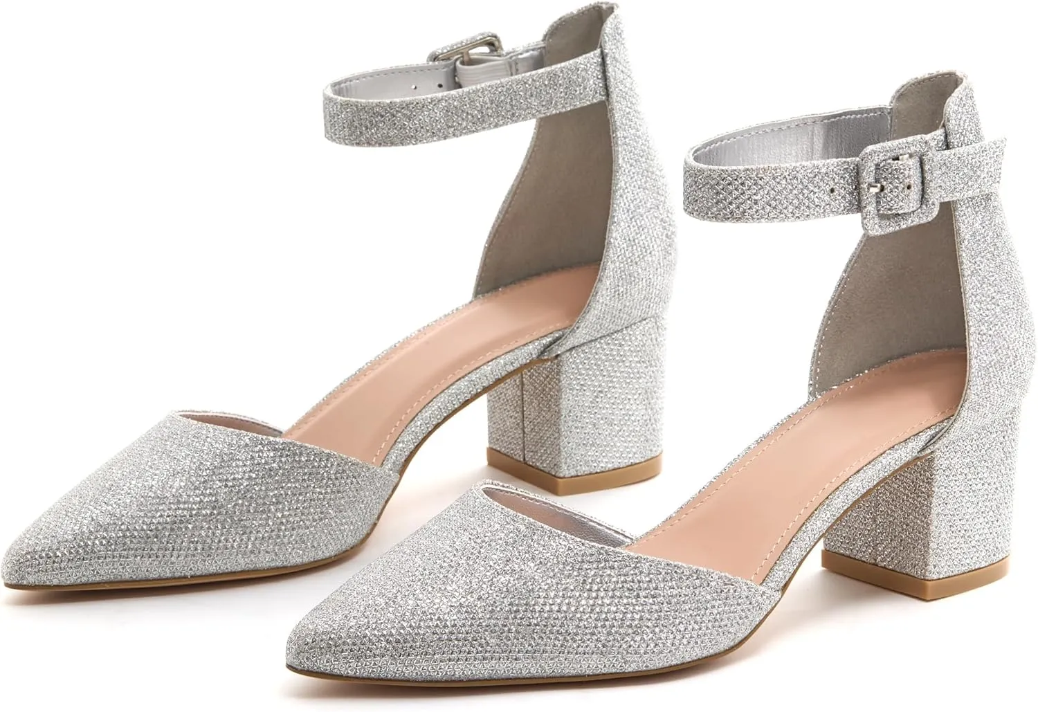 FISACE Womens Low Mid Square Heel Ankle Strap Sandal Office Ladies Pointed Toe Pumps Shoes