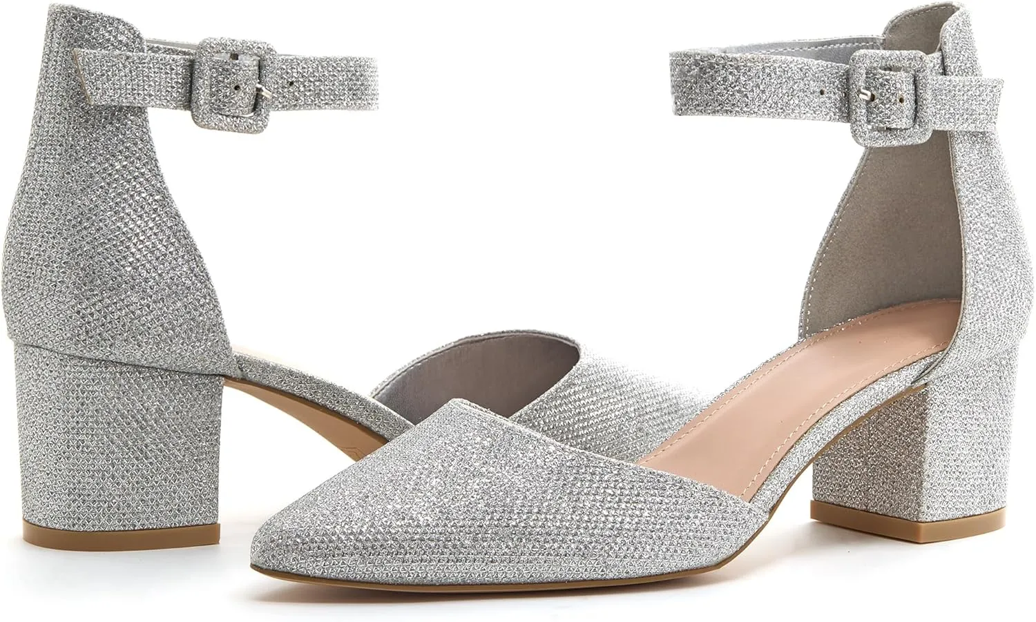 FISACE Womens Low Mid Square Heel Ankle Strap Sandal Office Ladies Pointed Toe Pumps Shoes