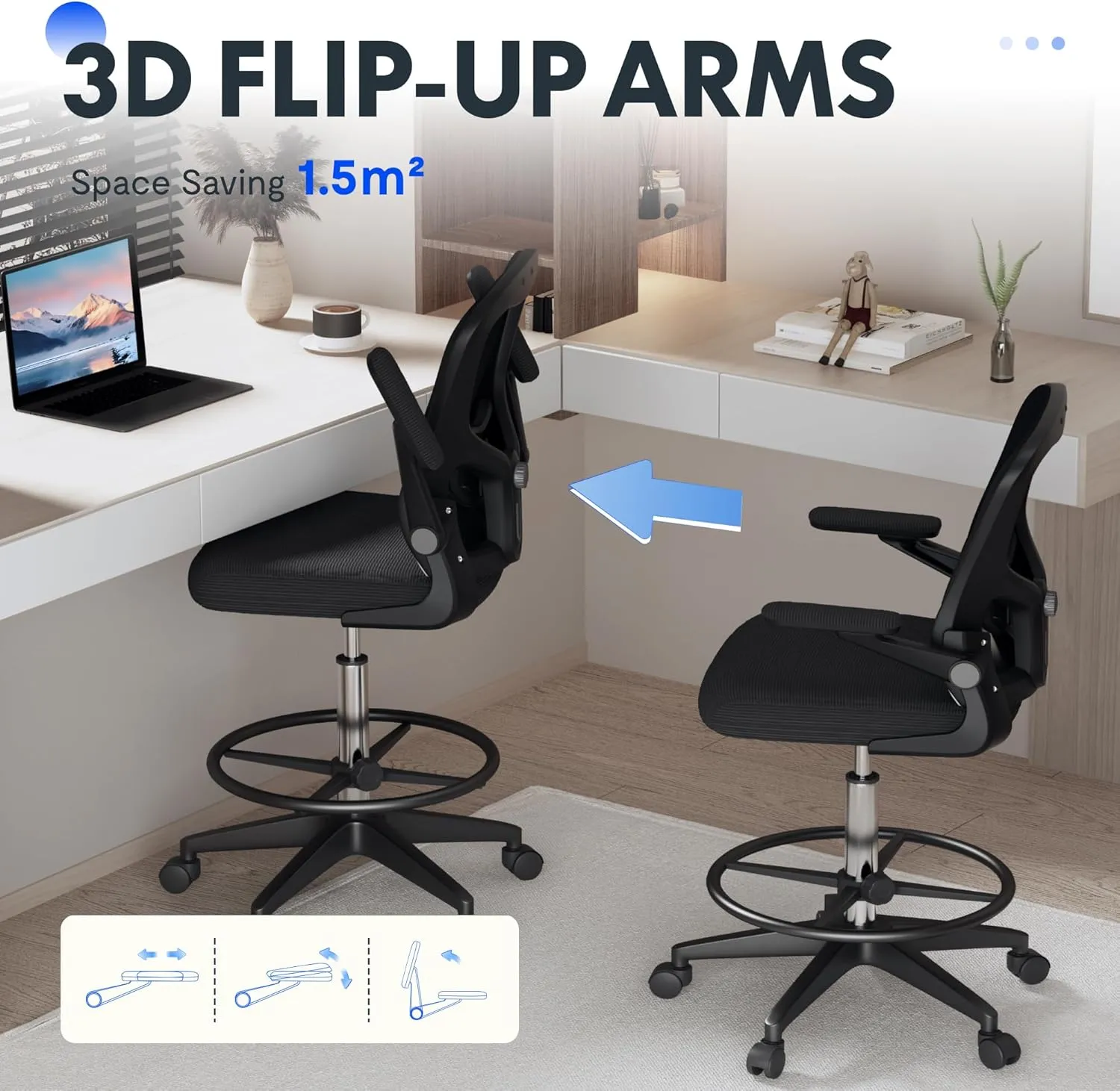 FLEXISPOT Upgraded Drafting Chair Tall Office Chair with 2D Lumbar,3D Flip-up Armrest,Standing Desk Chair with Breathable Mesh Adjustable Foot Ring Stool BIFMA Certified for Home Office,Drawing,Black