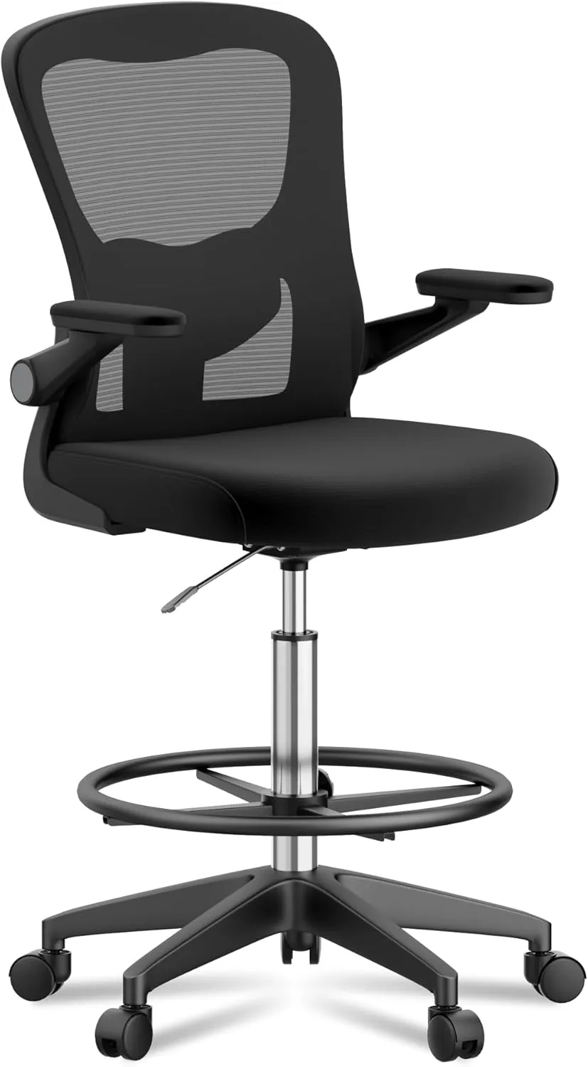 FLEXISPOT Upgraded Drafting Chair Tall Office Chair with 2D Lumbar,3D Flip-up Armrest,Standing Desk Chair with Breathable Mesh Adjustable Foot Ring Stool BIFMA Certified for Home Office,Drawing,Black