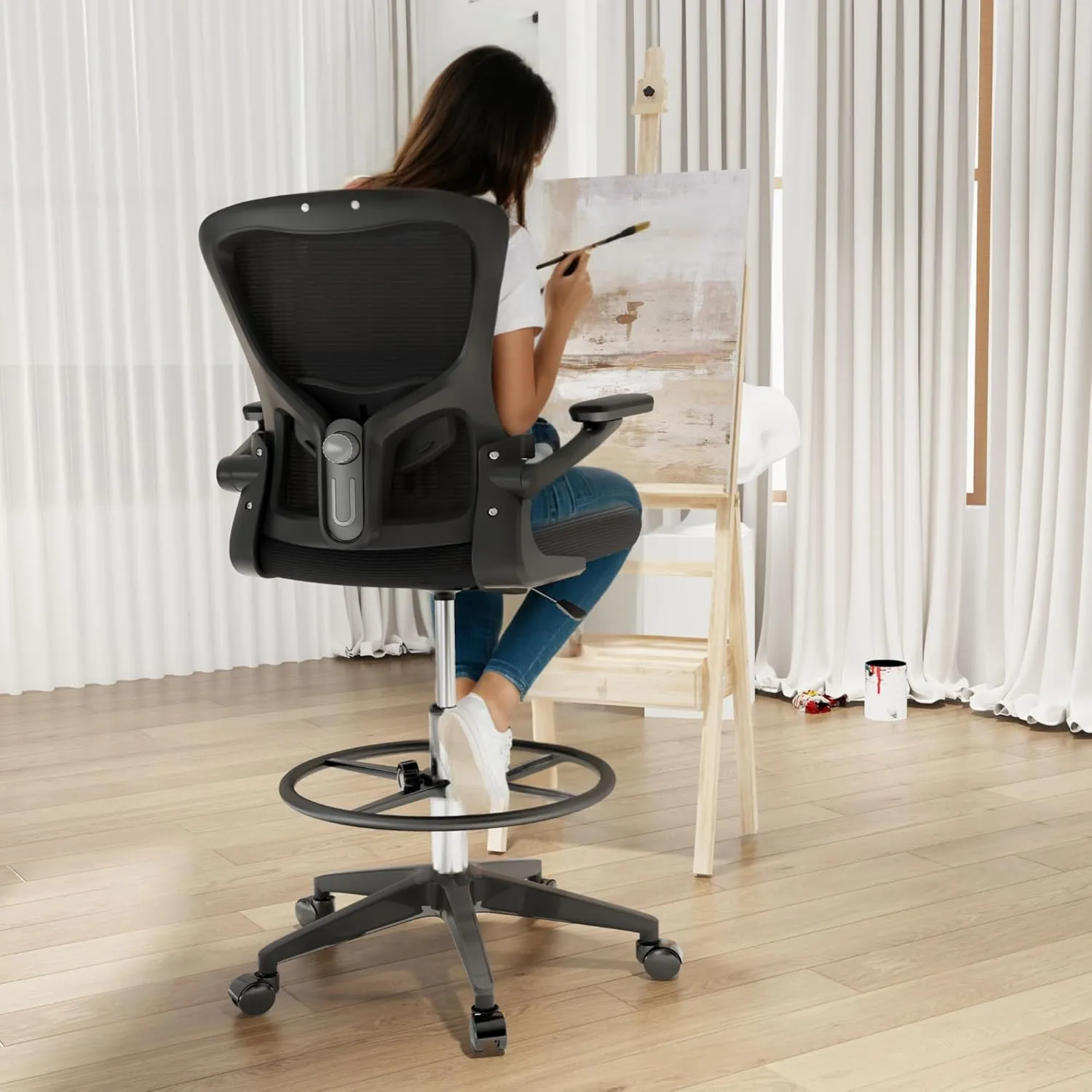 FLEXISPOT Upgraded Drafting Chair Tall Office Chair with 2D Lumbar,3D Flip-up Armrest,Standing Desk Chair with Breathable Mesh Adjustable Foot Ring Stool BIFMA Certified for Home Office,Drawing,Black