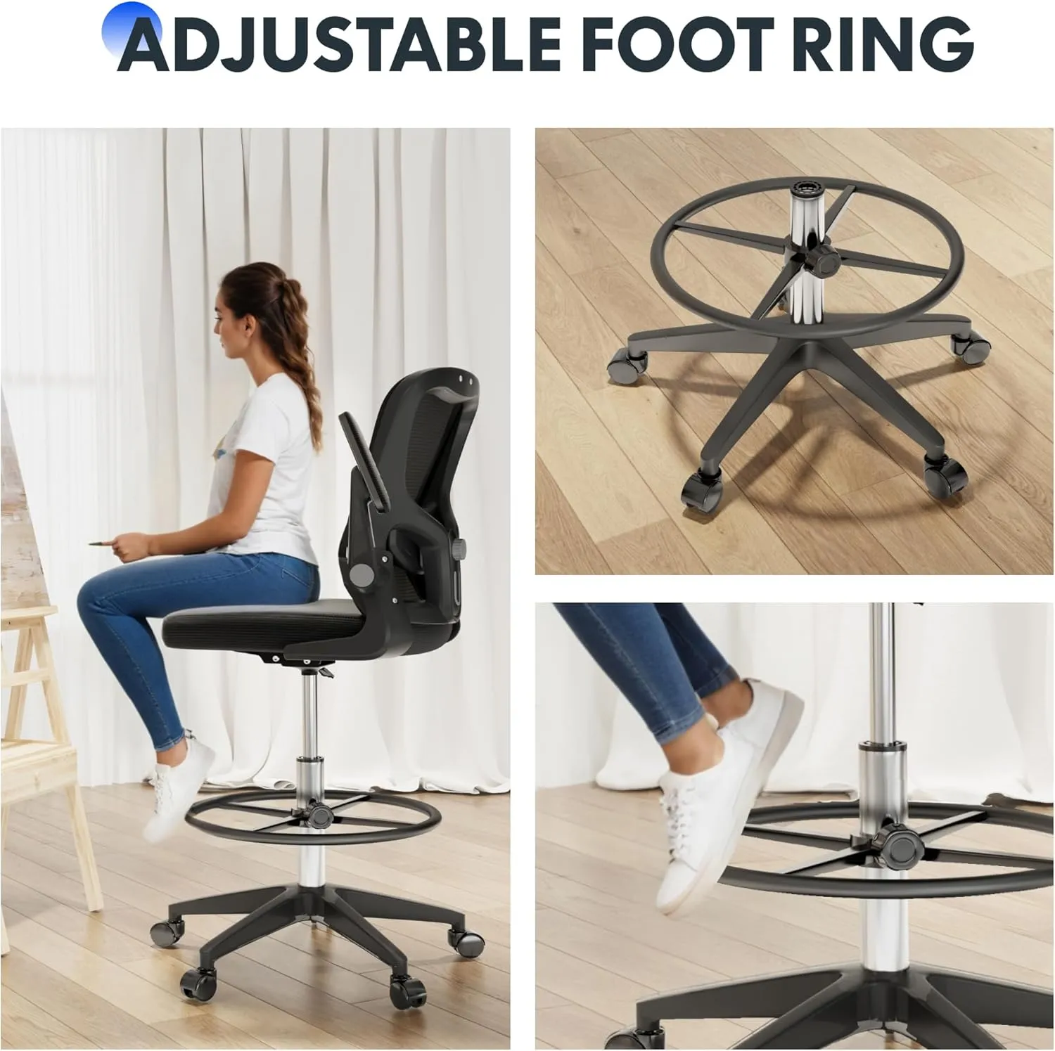 FLEXISPOT Upgraded Drafting Chair Tall Office Chair with 2D Lumbar,3D Flip-up Armrest,Standing Desk Chair with Breathable Mesh Adjustable Foot Ring Stool BIFMA Certified for Home Office,Drawing,Black