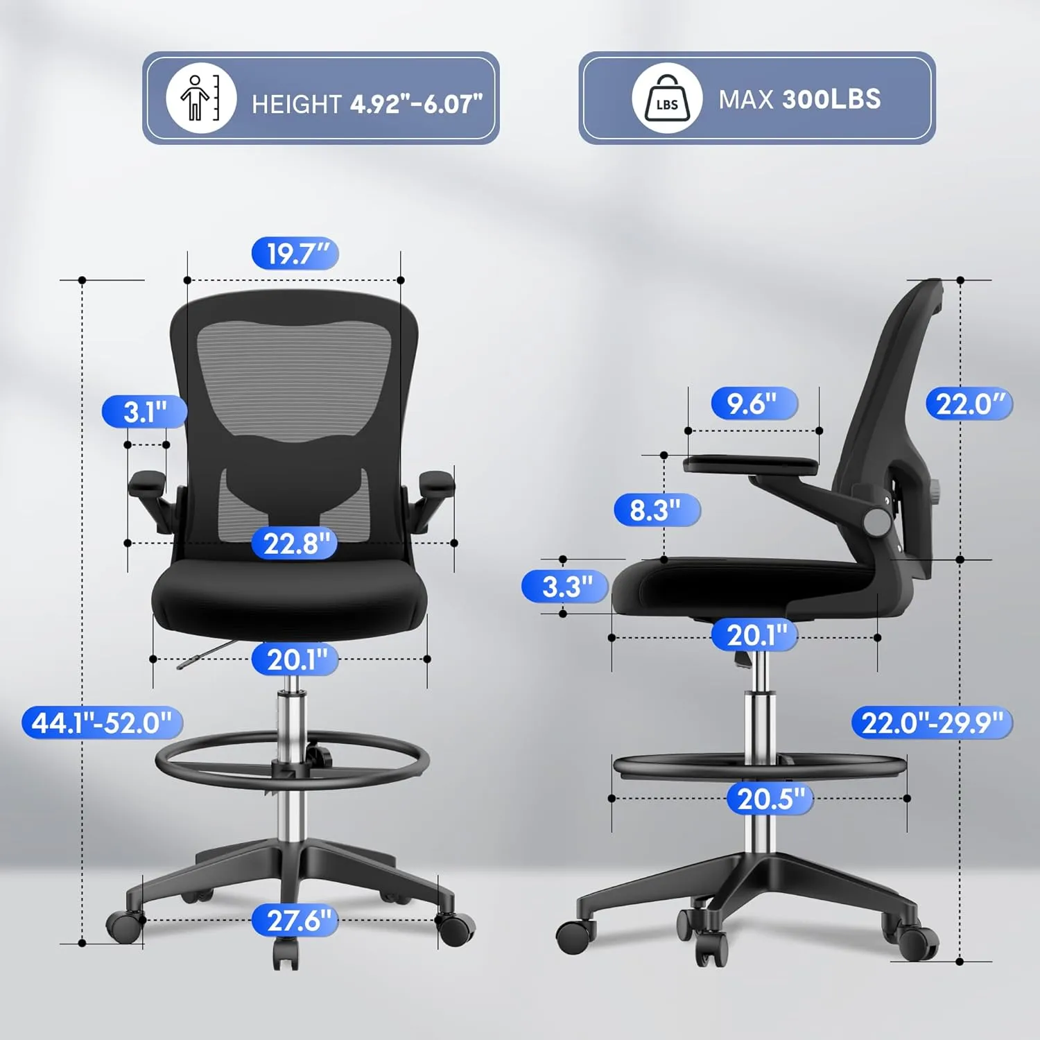 FLEXISPOT Upgraded Drafting Chair Tall Office Chair with 2D Lumbar,3D Flip-up Armrest,Standing Desk Chair with Breathable Mesh Adjustable Foot Ring Stool BIFMA Certified for Home Office,Drawing,Black