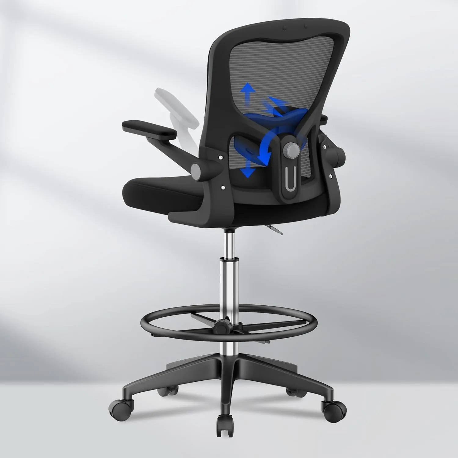 FLEXISPOT Upgraded Drafting Chair Tall Office Chair with 2D Lumbar,3D Flip-up Armrest,Standing Desk Chair with Breathable Mesh Adjustable Foot Ring Stool BIFMA Certified for Home Office,Drawing,Black