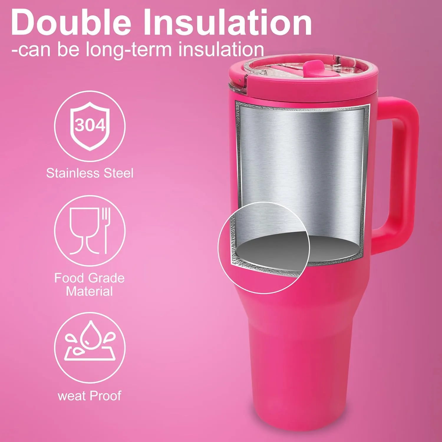 Flip Straw Tumbler 40 OZ, Stainless Steel Tumbler with Straw, Leak Proof Lid and Top Handle, Reusable Insulated Cup for Home, Outdoors, Leakproof, Fits in Cup Holder (Pink)