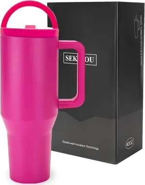 Flip Straw Tumbler 40 OZ, Stainless Steel Tumbler with Straw, Leak Proof Lid and Top Handle, Reusable Insulated Cup for Home, Outdoors, Leakproof, Fits in Cup Holder (Pink)