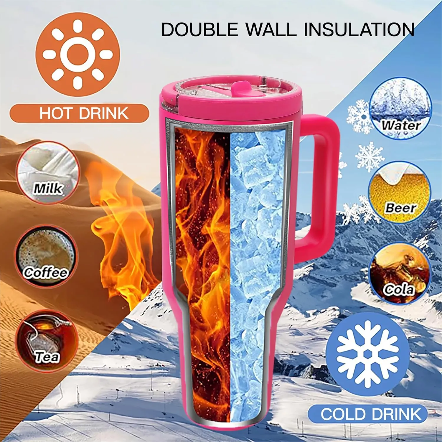 Flip Straw Tumbler 40 OZ, Stainless Steel Tumbler with Straw, Leak Proof Lid and Top Handle, Reusable Insulated Cup for Home, Outdoors, Leakproof, Fits in Cup Holder (Pink)