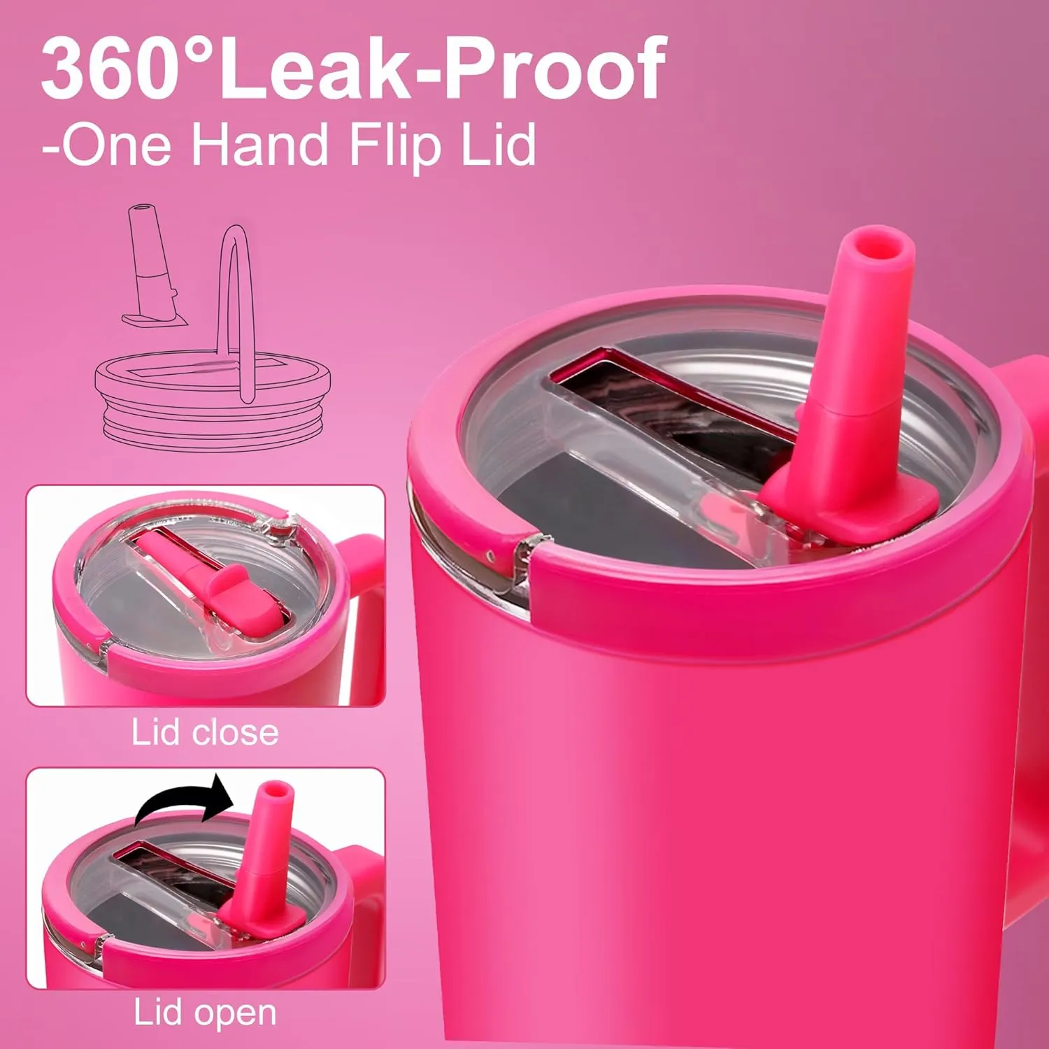 Flip Straw Tumbler 40 OZ, Stainless Steel Tumbler with Straw, Leak Proof Lid and Top Handle, Reusable Insulated Cup for Home, Outdoors, Leakproof, Fits in Cup Holder (Pink)