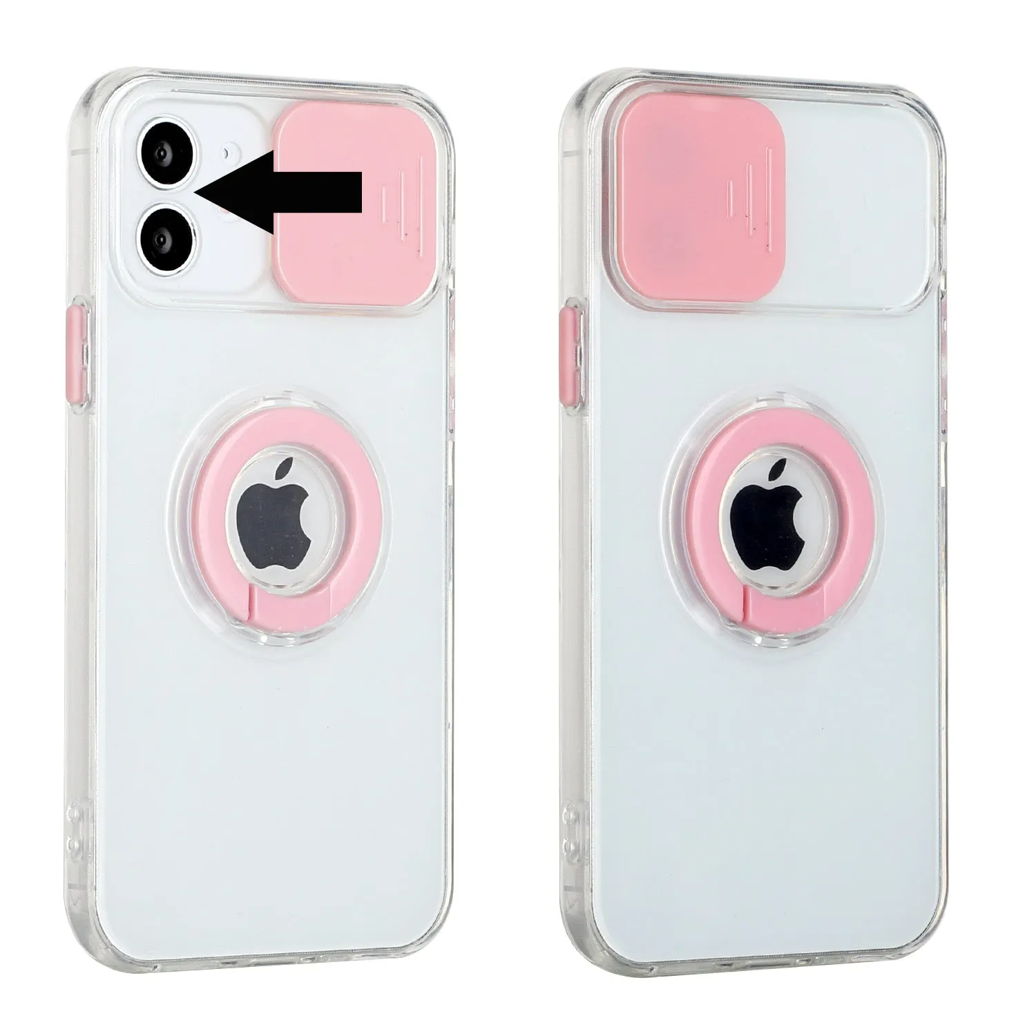 For Apple iPhone 13 Mini (5.4") Transparent Cases with Ring Stand & Camera Window, Slide Lens Protection Hybrid Shockproof  Phone Case Cover