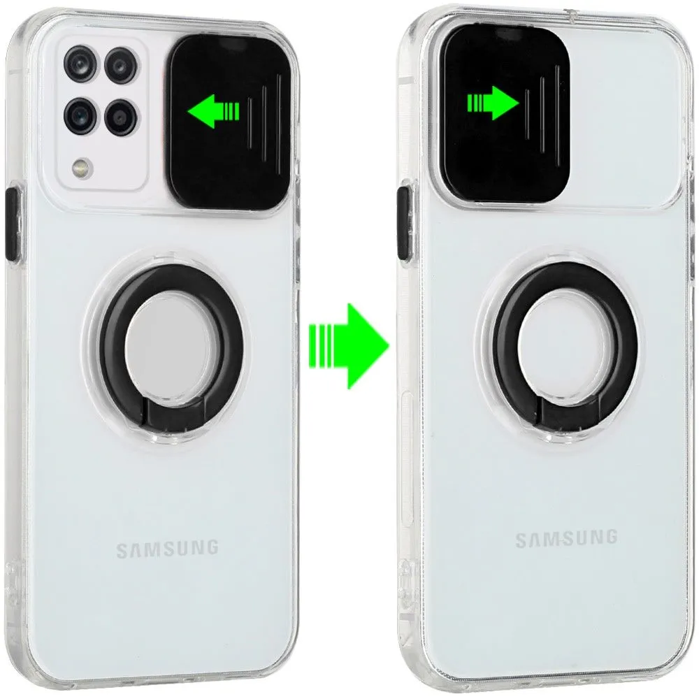 For Apple iPhone 13 Mini (5.4") Transparent Cases with Ring Stand & Camera Window, Slide Lens Protection Hybrid Shockproof  Phone Case Cover