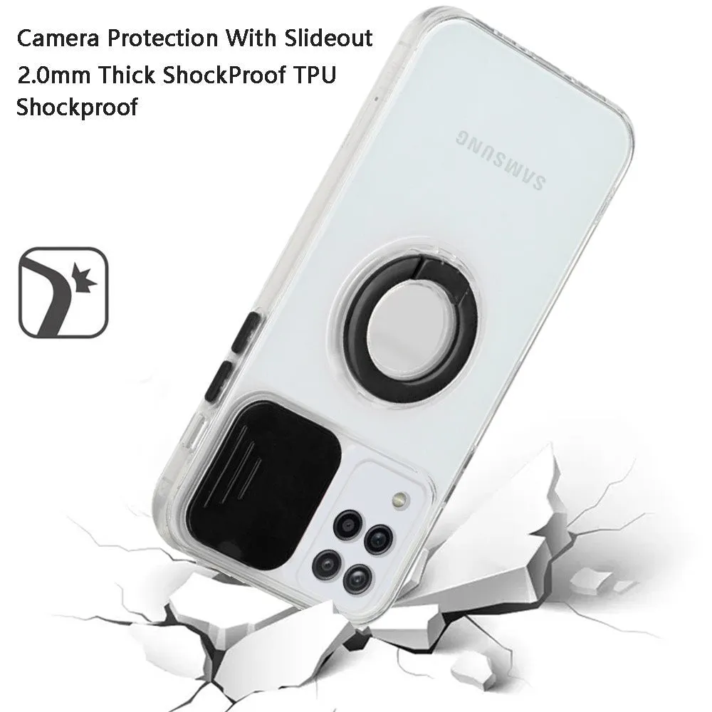 For Apple iPhone 13 Mini (5.4") Transparent Cases with Ring Stand & Camera Window, Slide Lens Protection Hybrid Shockproof  Phone Case Cover