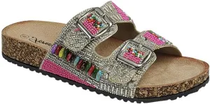Forever Link Women's Rhinestone Double Buckle Adjustable Slip On Sandals