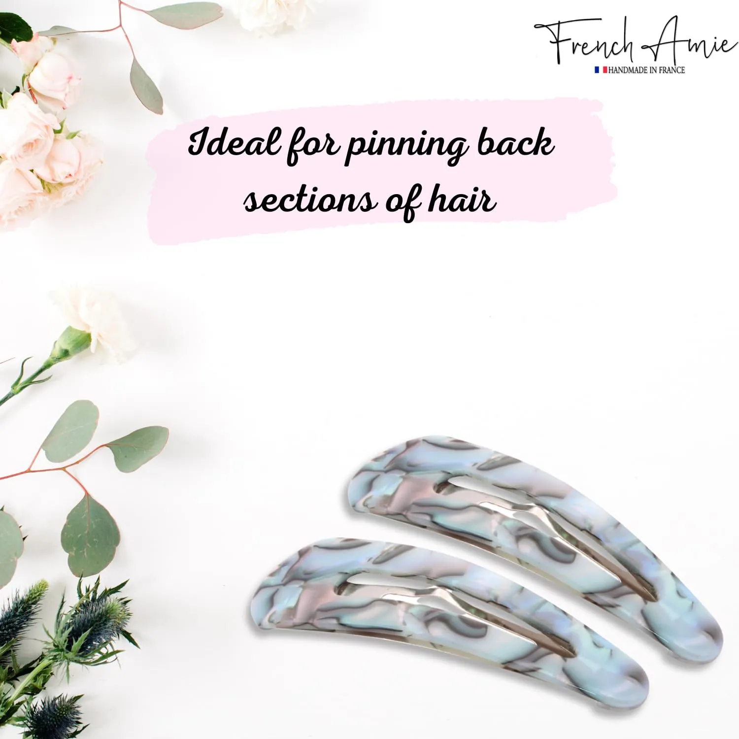 French Amie Clic Clac Large Handmade Celluloid Acetate Set of 2 Snap Hair Clips No Slip Side Slide-in Barrette for Women and Girls (Aqua Marbel)