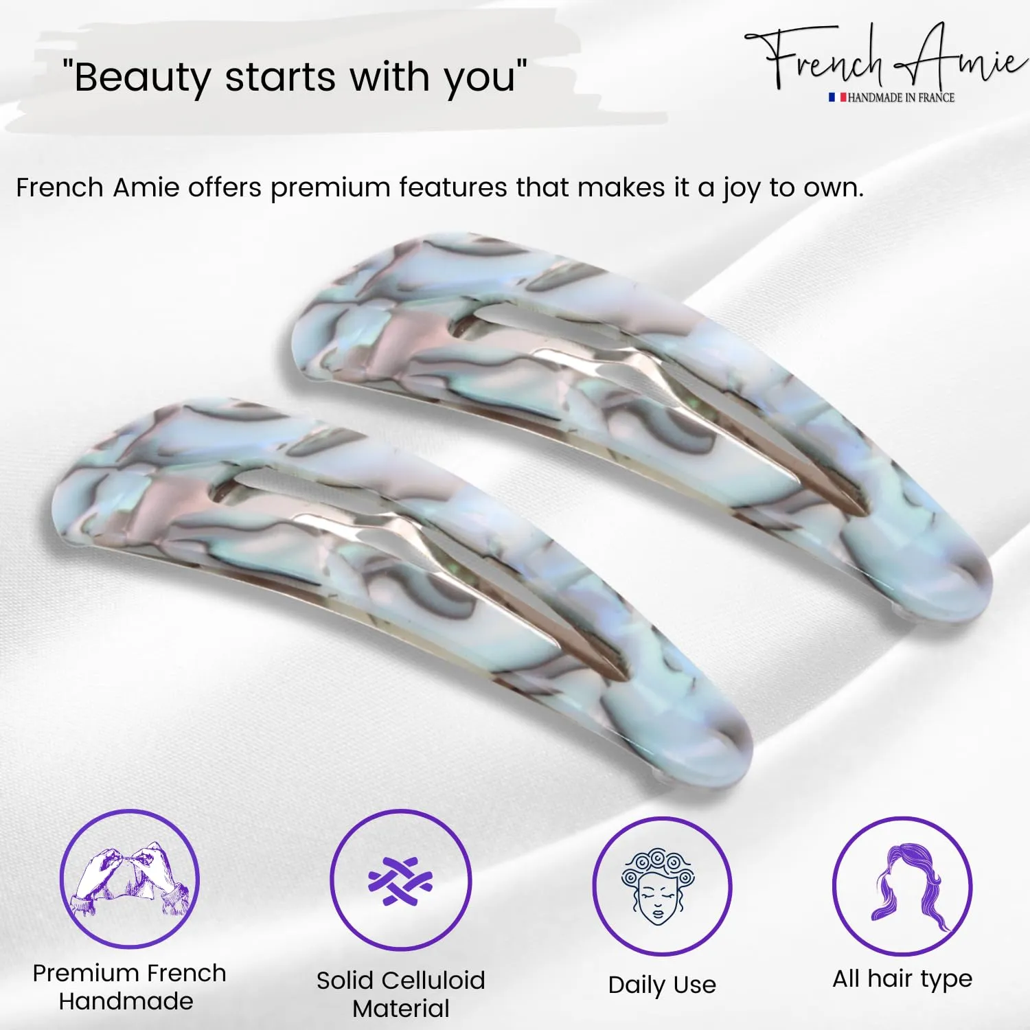 French Amie Clic Clac Large Handmade Celluloid Acetate Set of 2 Snap Hair Clips No Slip Side Slide-in Barrette for Women and Girls (Aqua Marbel)