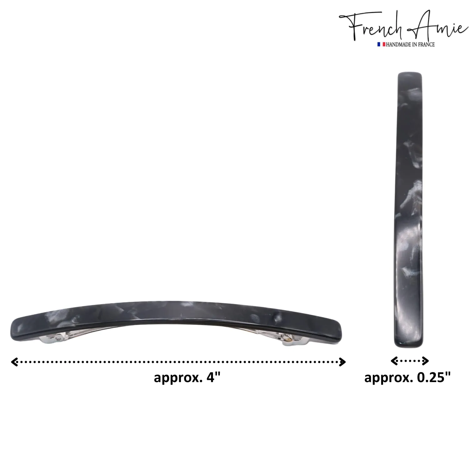 French Amie Long and Thin Large 4" Celluloid Handmade No Slip Durable Hair Barrette Clip for Women, Made in France (Black Nycra)
